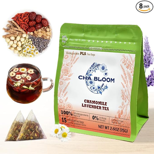 CHA BLOOM Chamomile Lavender Herbal Tea Bags, Caffeine-Free Blend, 15 Sachets, 75g Resealable Bag - Bloomnest