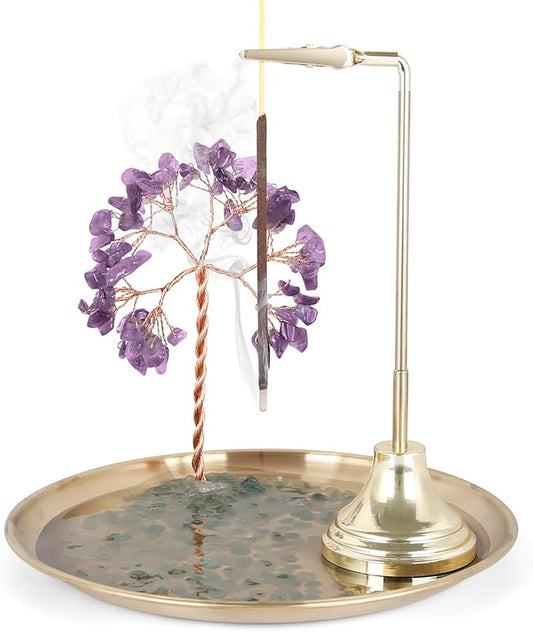OTOFY 6.7 Inch Crystal Incense Holder for Sticks, Anti-Ash Flying Incense Burner with Crystal Stone Money Tree-Incense Burner for Meditation, Yoga and Home Decor (Purple) - Bloomnest