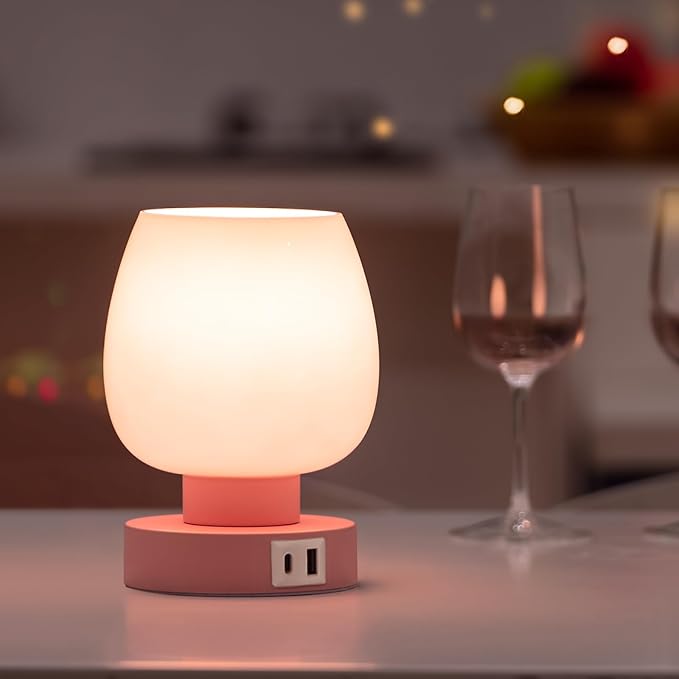 Touch Bedside Table Lamp - Pink Small Lamp for Bedroom with USB C+A Charging Ports 3 Way Dimmable, Nightstand Desk lamp with Glass Lamp Shade Warm LED Bulb Included, Simple Design Christmas - Bloomnest