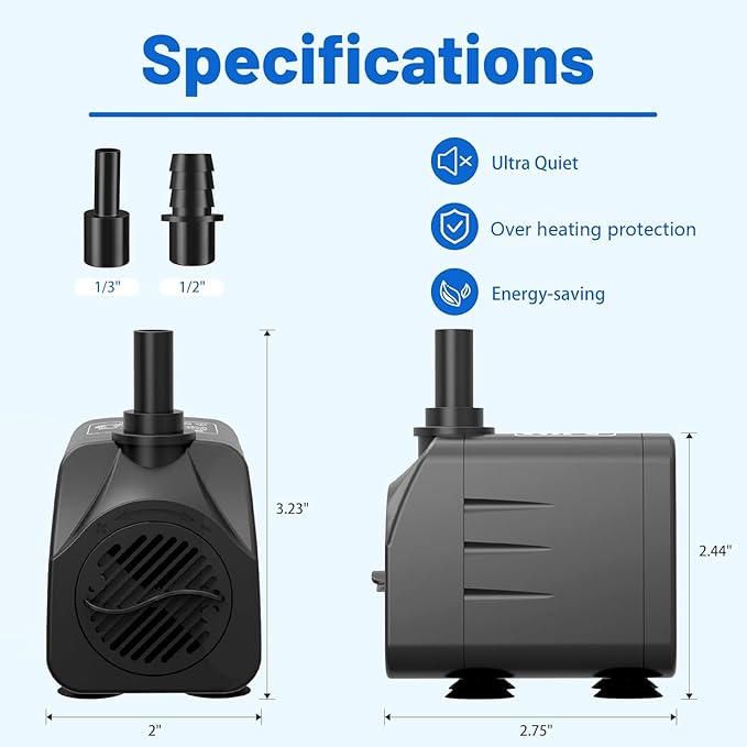 200GPH Submersible Water Pump(750L/H,16W),Ultra Quiet Fountain Pump with 5.2ft. High Lift,Pond Pump for Fish Tank, Pond, Aquarium, Statuary, Hydroponics. - Bloomnest
