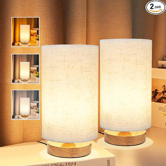 3-Color Adjustable Bedside Table Lamp for Bedroom Set of 2,Minimalist Wood Base&Round Fabric Shade,Cozy Lighting Nightstand Boho Lamp,Reading Desk Night Stand Light for Room,Office,kitchen,Nursery - Bloomnest