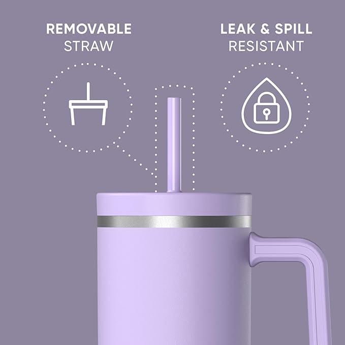 Hydrapeak Voyager 40 Oz Stainless Steel Tumbler with Handle, Insulated Water Bottle With Straw & Lid, Cupholder Friendly Reusable Travel Mug (Lavender) - Bloomnest