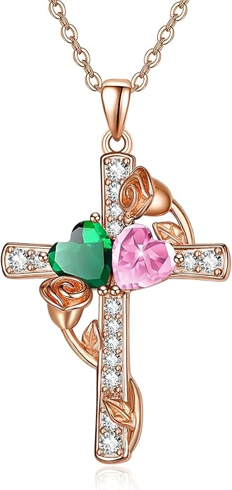 Rose Gold Dual Birthstones Cross Necklace for Women Rose Flower Jewelry Anniversary Christmas Mother's Valentine's Day Birthday Gift for Wife Girlfriend Mom - Bloomnest