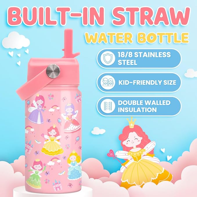 Princess Water Bottle for Girls - Kids Water Bottle with Straw Lid - 12 Oz Insulated Stainless Steel Water Bottles for Kid - Travel Cup for School Sports - Bloomnest