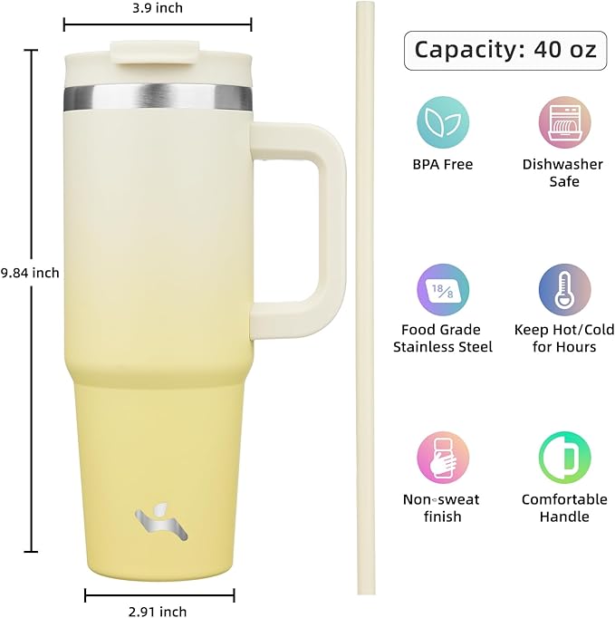 40 oz Tumbler with Handle and 2 Straws,2 in 1 Lid Insulated Water Bottle Stainless Steel Travel Coffee Mug,Lemon - Bloomnest