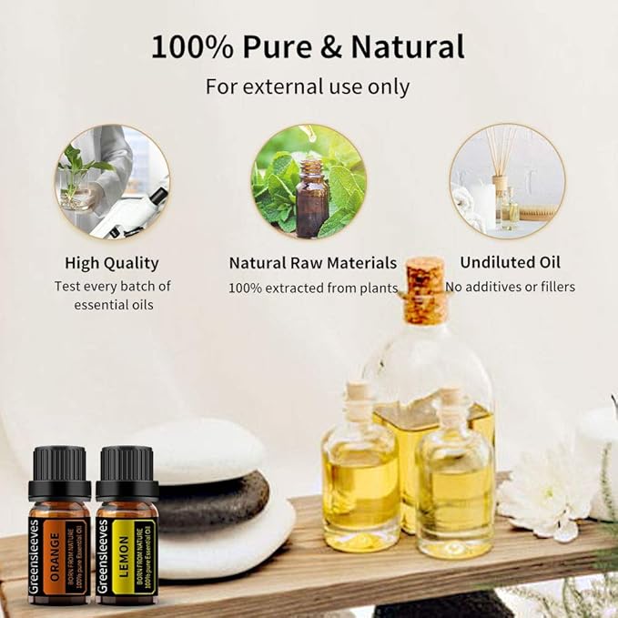 GREENSLEEVES Lemon Orange Essential Oil Set, 2 x 10ml Pure Plant-Based Fragrance Oil for Aromatherapy, Essential Oils for Diffuser, Massage, Bath Bomb, Scented Candle Soap Making GREENSLEEVES