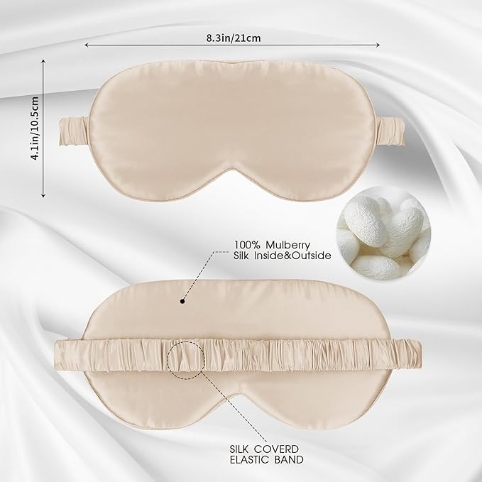 Soft Real Silk Light Blocking Cooling Sleep Eye Mask for Women/Men/Travel/Airplane,Beige - Bloomnest