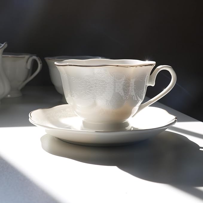 GuangYang 15-pcs Porcelain Tea sets for Adults, Off White Embossed Pattern with Gold Trim (A set Included 1 Teapot, 1 Sugar Bowl, 1 Cream Pitcher, 6 Cups and 6 Saucers) - Bloomnest