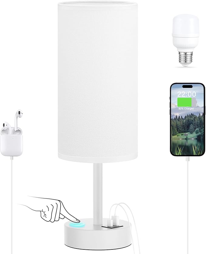 Dicoool White Touch Bedside Lamp for Bedroom - 3 Way Dimmable Table Lamp with USB, Nightstand Lamp with White Charging Station for Desk Dorm, Girl Kids Room, Small - Bloomnest