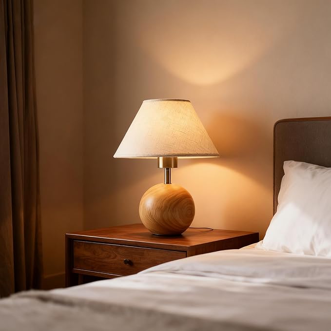 Table Lamp for Living Room,Wood Base Flaxen Fabric Shade Desk Lamp for Bedroom,Small Décor Ambient Bedside Lamps for Night Stands,LED Bulb (not Included) - Bloomnest