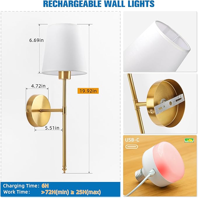 NIORSUN 19.9 inch Battery Operated Wall Sconce Set of 2,Gold Rechargeable Wall Lights with 5200mAh Dimmable Detachable Bulbs and Remote,10 Colors Wireless Sconces for Bedroom Living Room Hallway - Bloomnest