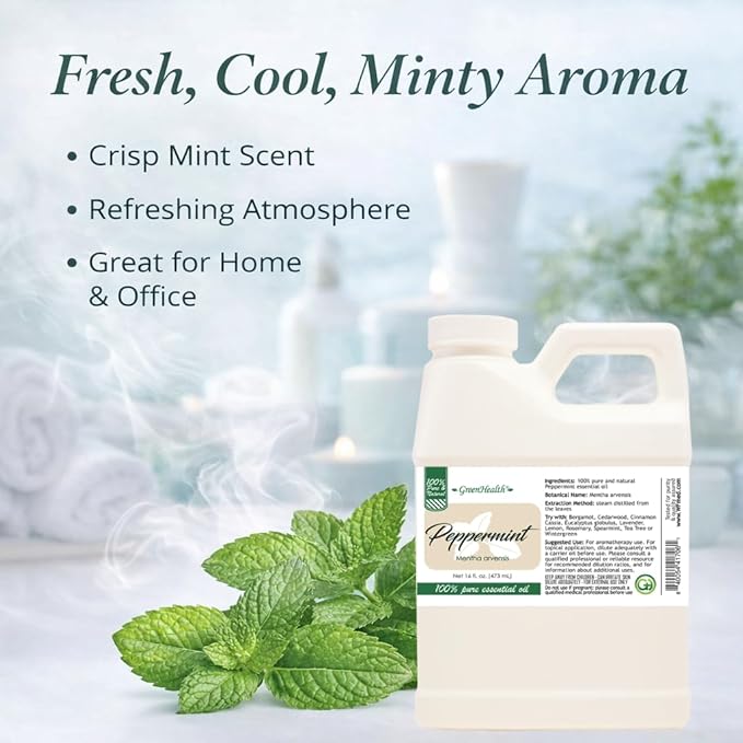 GreenHealth Peppermint Essential Oil 16 fl oz (473 mL) - 100% Pure Mentha Arvensis Oil for Diffusers, Candle Making, Soap Making, DIY Blends, Home Fragrance Greenals