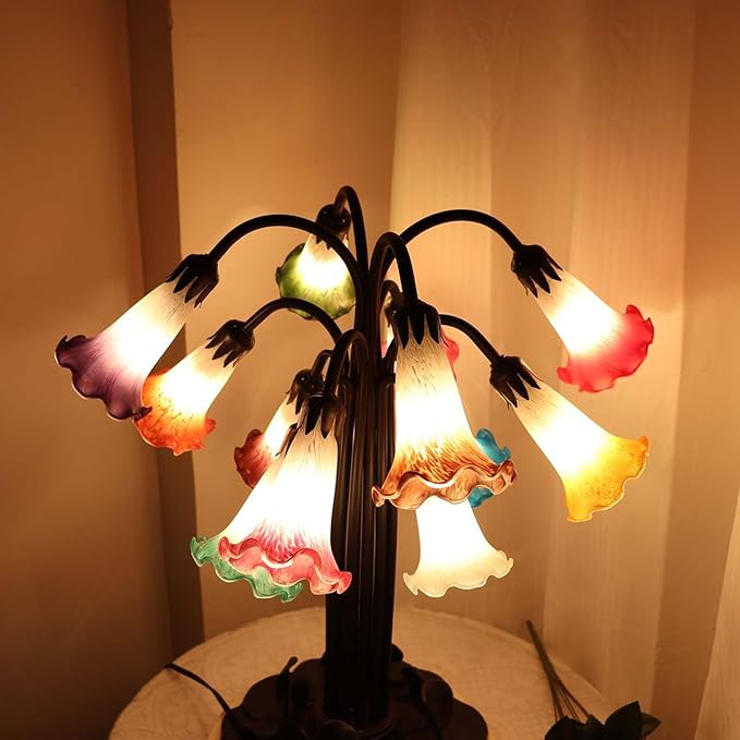 Bieye L10952 Lily Flower Blown Glass Accent Table Lamp for Living Room Bedroom Decoration (Multicolor, 12-Light) - Bloomnest