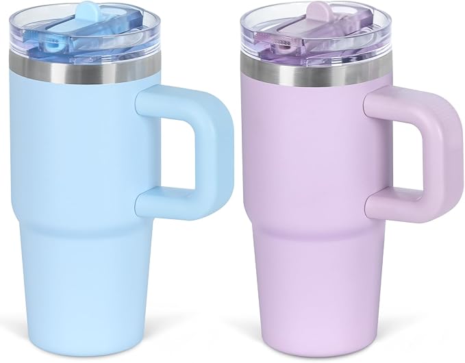 Cosictic 14 Oz Flip Straw Tumbler with Handle for Kids, Stainless Steel Double Wall Insulated Cup for Children with Flip Top Lid, 14 Oz Leak-proof Cups for Kids, Sky Blue and Purple - Bloomnest