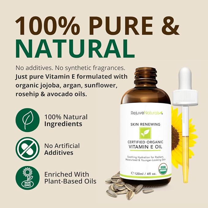 Vitamin E Oil - 100% All Natural & USDA Organic (LARGE 4oz Bottle) Repair Dry, Damaged Skin from Surgery & Acne, Age Spots. For Radiant, Hydrated & Youthful Skin. Face & Body Moisturizer - Bloomnest