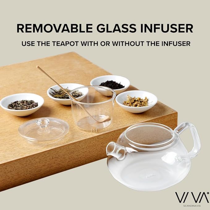 Viva Nicola All Borosilicate Glass Teapot with Tea Included, Lid, with Removable Infuser for Loose Leaf Tea - No Metal Or Plastic for The Perfect Brew, 25oz Tea Maker, Stove Top Safe, No Drip Spout