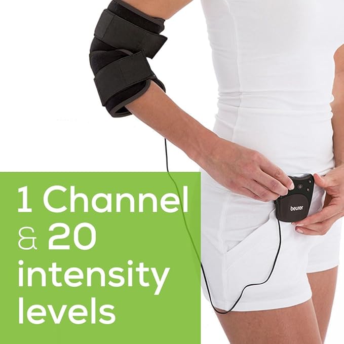 Beurer EM29 2-in-1 Knee and Elbow TENS Machine for Pain Relief with 20 Intensity Levels, 4 Programs, and Reusable Water Contact Electrodes, Digital Muscle Stimulator Device