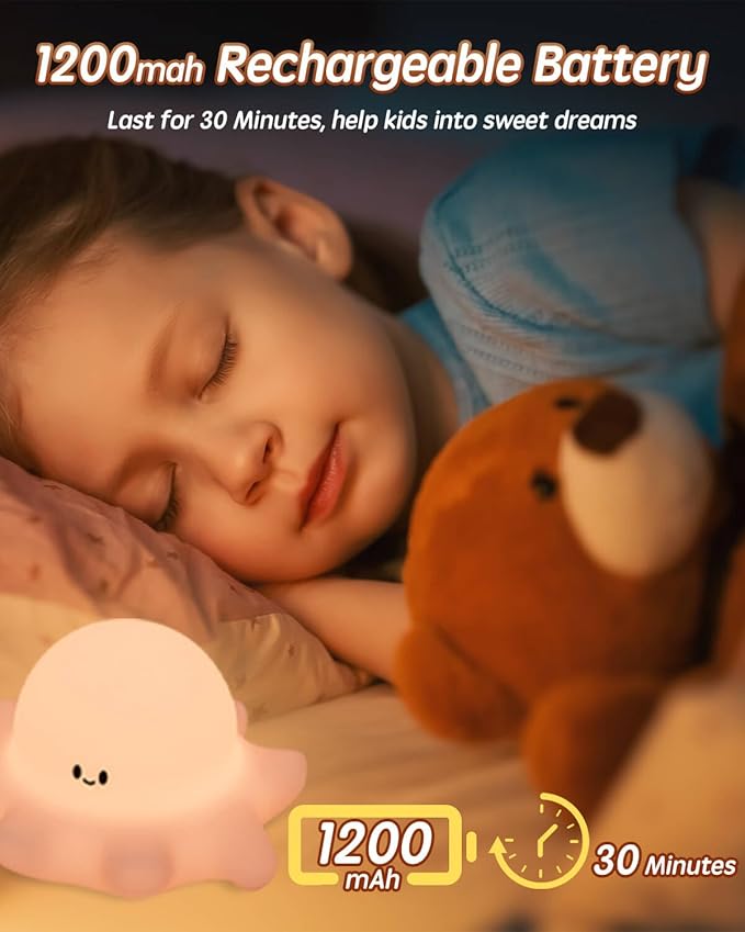 Cute Octopus Rechargeable Silicone Night Light for Kids, Dimmable Touch Control Nightlight with Timer, Portable USB Baby Night Lamp for Nursery, Bedroom - Bloomnest