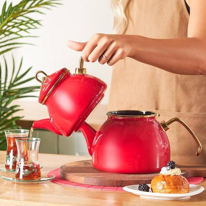 Karaca Retro Turkish Teapot for Stovetop, 1.1L Turkish Tea Pot & 2.3L Kettle, Dishwasher Safe, Induction Tea Pot Set, Vibrant Color Lasting Enamel, Samovar Style, Red - Bloomnest