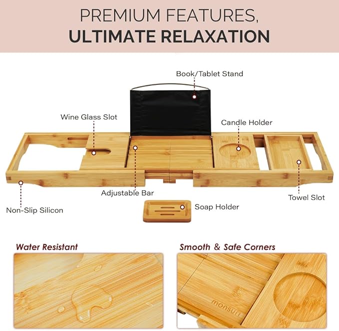 Foldable Bathtub Tray Caddy - Expandable Bath Tray for Tub | Secure, Non-Slip Bathtub Caddy for Tub for Bath Accessories, Self Care Home Spa Gift Set, Relaxing Gifts for Women, New Moms, House Warming - Bloomnest