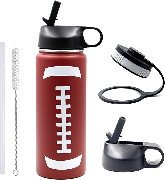 18 oz Football Water Bottle with Straw, Sports Flask Metal Travel Tumbler with 2 Lids, Stainless Steel Double Wall Vacuum Insulated Leak Proof Thermo Water Bottles, Football Gear Gifts for Boys Girls - Bloomnest
