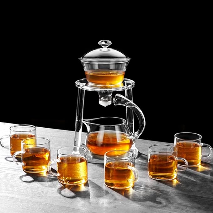 Mozeo Glass Semi-automatic Tea Set Wooden Glass Tea Set Water Diversion Rotating Cover Bowl Lazy Tea Maker Teapot Kungfu Fu teacup (Glass Clear Handle Teapot Set) - Bloomnest
