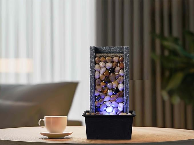 Kalona Tabletop Waterfall Fountain Pebble Indoor Water Feature with Coloured LED Lights for Home, Office & Desk Decor - Soothing Sound Small Relaxing Fountain(24367A) - Bloomnest