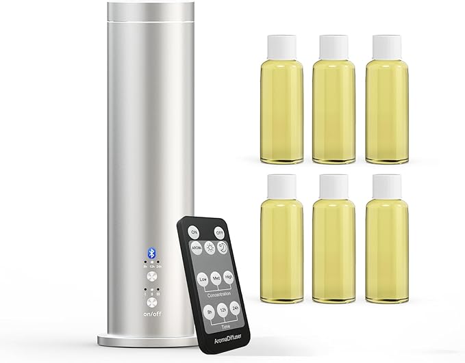 Waterless Essential Oil Diffuser with Bluetooth - 100ml Cold Air Scent Diffuser, 6 Aromatherapy Oils & Remote Control - Portable Aromatherapy Diffuser for Home, Office & Spa - Silver