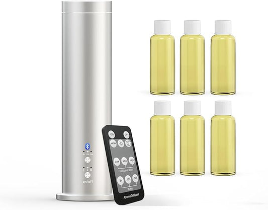 Waterless Essential Oil Diffuser with Bluetooth - 100ml Cold Air Scent Diffuser, 6 Aromatherapy Oils & Remote Control - Portable Aromatherapy Diffuser for Home, Office & Spa - Silver
