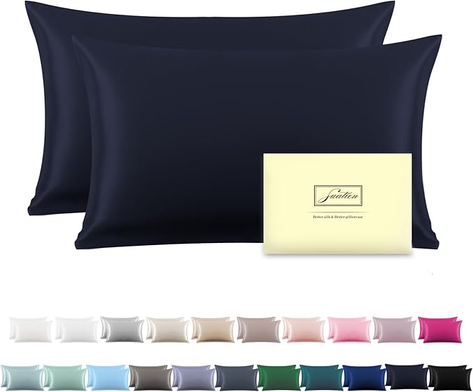 Silk Pillow Cases 2 Pack,Soft Breathable and Sliky Standard Size Pillow Cases Set of 2,Natural Mulberry Silk Pillowcase Set of 2 for Hair and Skin with Hidden Zipper (Navy Blue,20"X 26",2pcs) - Bloomnest