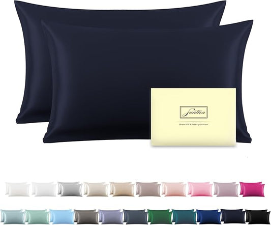 Silk Pillow Cases 2 Pack,Soft Breathable and Sliky Standard Size Pillow Cases Set of 2,Natural Mulberry Silk Pillowcase Set of 2 for Hair and Skin with Hidden Zipper (Navy Blue,20"X 26",2pcs) - Bloomnest