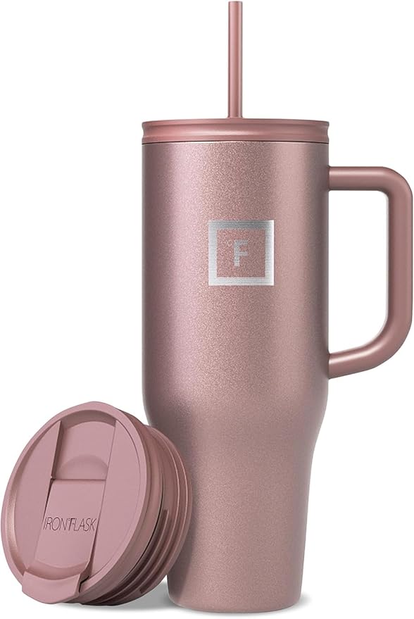 IRON °FLASK Co-Pilot Insulated Mug w/Straw & Flip Cap Lids - Cup Holder Bottle for Hot, Cold Drink - Leak-Proof - Water, Coffee Portable Travel Mug - Rose Gold, 40 Oz - Bloomnest