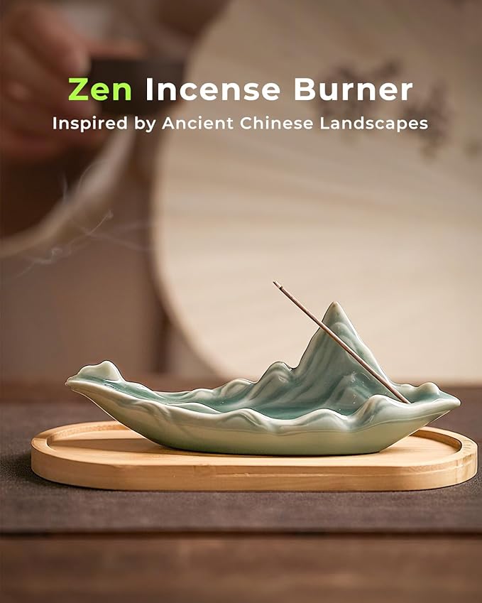 Zen Incense Stick Holder with Ash Catcher – Chinese Rivers & Mountains Landscape Ceramic Boat Incense Burner for Home, Spa, Meditation, Yoga