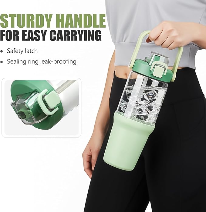 Glass Tumbler with Carry Handle, Clear Glass Water Bottle with Leakproof Lid, Spout Lid&Straw, BPA-Free, 32 oz, Light Green - Bloomnest