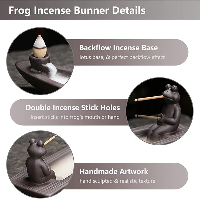 ChangWanna Frog Incense Holder Waterfall - Ceramic Cone Backflow Incense Burner Smoke Fountain, Back Flowing Incense Diffuser with 45 Sticks & 12 Cones, Frog Ornament for Aromatherapy/Yoga/Home Decor