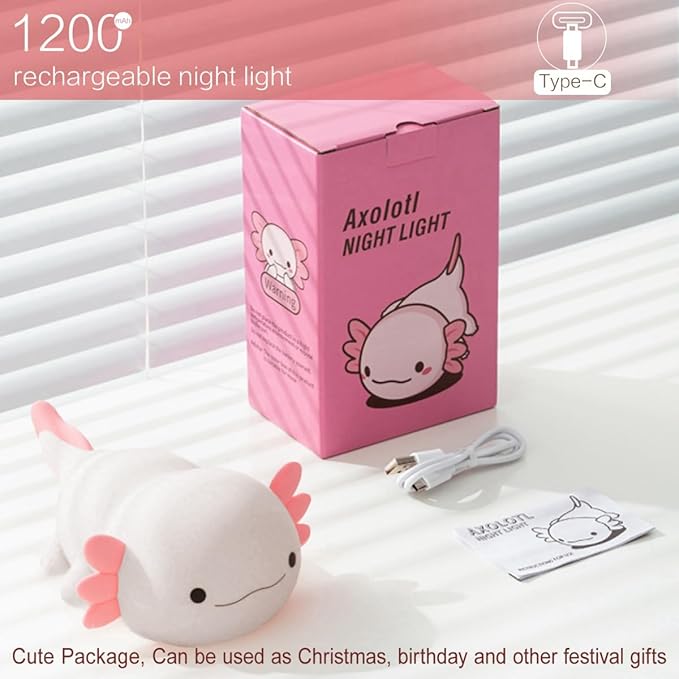Axolotl Night Light for Kids, Cute Squishy Rechargeable Axolotls Lamp, Unique White Pink Xmas Axolotl Gifts, Dimmable LED Silicone Nightlight, Baby Safe, Girls Room College Dorm Décor - Bloomnest