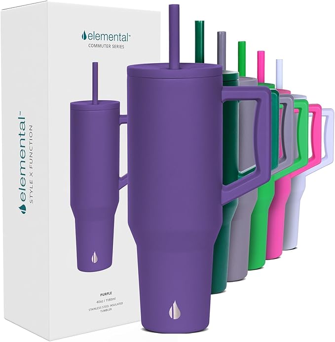 Elemental 40 oz Tumbler with Handle and Straw - Spill Proof Insulated Stainless Steel Commuter for Hot and Cold Beverages - Travel Coffee Mug with 2 Straws & Spill Proof Lid - 40oz - Purple - Bloomnest