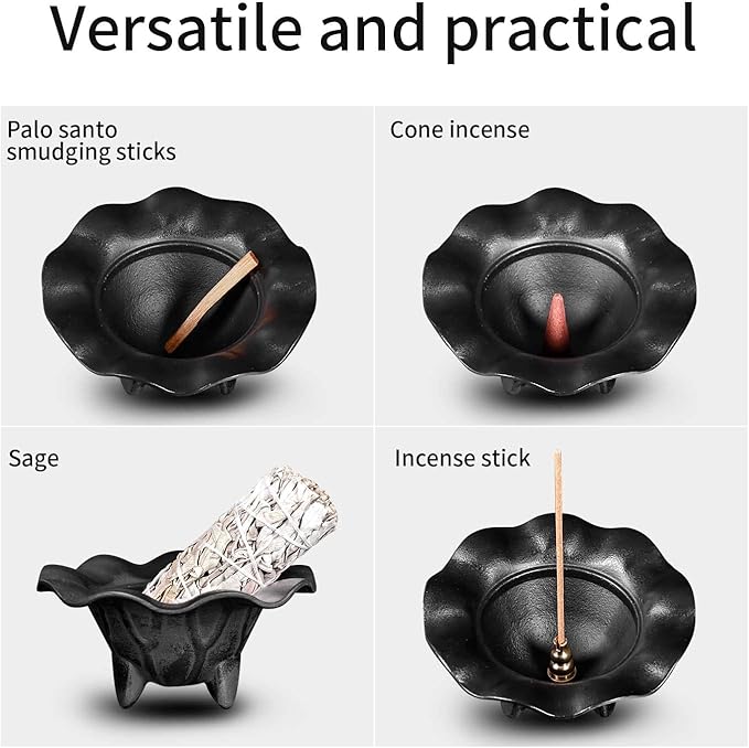 AIMITOFO Cast Iron Incense Burner - 4 in 1 Incense Burner Holder Set - Lotus Leaf Shape Ash Catcher with Lid for Ritual Purpose, Decor, Etc... - Bloomnest