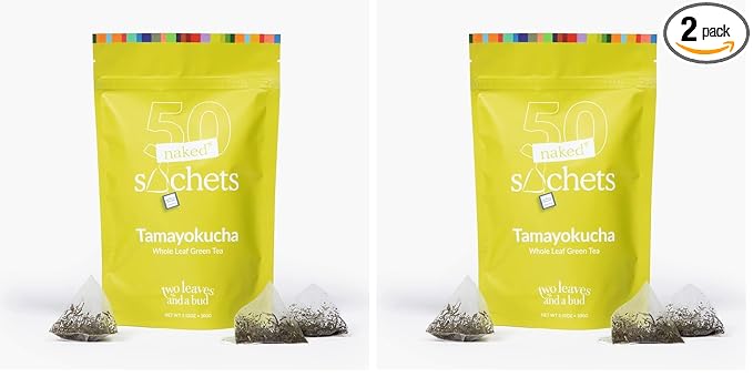 Two Leaves and a Bud Tamayokucha - 50 Naked Tea Sachets, Whole Leaf Green Tea in Eco-Friendly Unwrapped Compostable Sachets, Resealable Bag, 50 Count (Pack of 2) - Bloomnest
