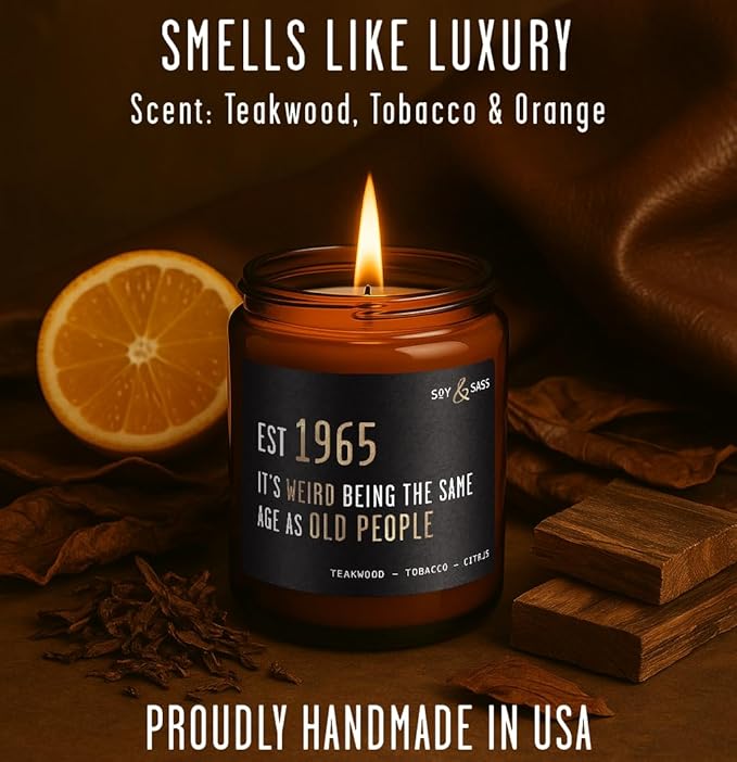 60th Birthday Gifts for Him/Her - 'Weird Being The Same Age as Old People' Soy Candle, w/Teakwood & Tobacco I 60th Birthday Gifts for Men/Women I 1965 60 Year Old Gift for Men I Made in USA - Bloomnest
