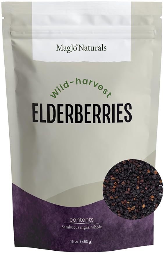 MagJo 100% Wild Harvest Dried Elderberries - 1lb Bulk - Non-Irradiated, Whole Black Elderberry Immune Support - Raw Vegan Sambucus 1 Pound - Bloomnest