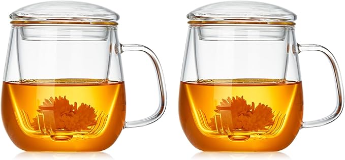 Glass Teacups 2 Pack Glass Tea Cup with Infuser and Lid, 17.6oz/520ml Large Borosilicate Teacup,Tea Clear Mug Cup for Loose Leaf Blooming Tea, Microwave & Dishwasher Safe - Bloomnest