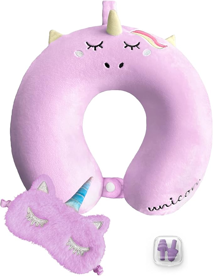 Neck Travel Pillow for Kids, Unicorn Airplane Memory Foam Pillow with Cute Sleep Mask & Earplugs, Lightweight Travelling Sleeping Pillow Set for Car, Train, Bus and Home Use (Purple) - Bloomnest
