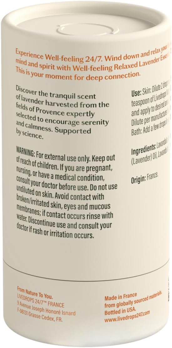 LIVEDROPS 24/7 Relaxed Lavender Essential Oil, Natural Vegan Aromatherapy for Diffuser or Diluted Skin Use, Calming Floral Herb Scent, Made in France, Bottled in USA, Clinically Tested, 10ml - Bloomnest