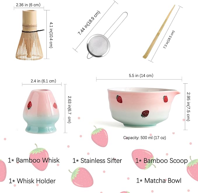 Matcha Whisk Set, Matcha Bowl with Spout, Matcha Whisk and Holder, Bamboo Matcha Scoop and Stainless Sifter,Ceramic Matcha Bowl(Pink Green) - Bloomnest