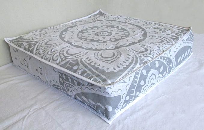 24" White Silver Flower Mandala Barmeri Large Floor Pillow Cover Cushion Meditation Seating Ottoman Throw Cover Hippie Decorative Zipped Bohemian Pouf Ottoman Pom Pom Cases (Silver, 24 " square) - Bloomnest