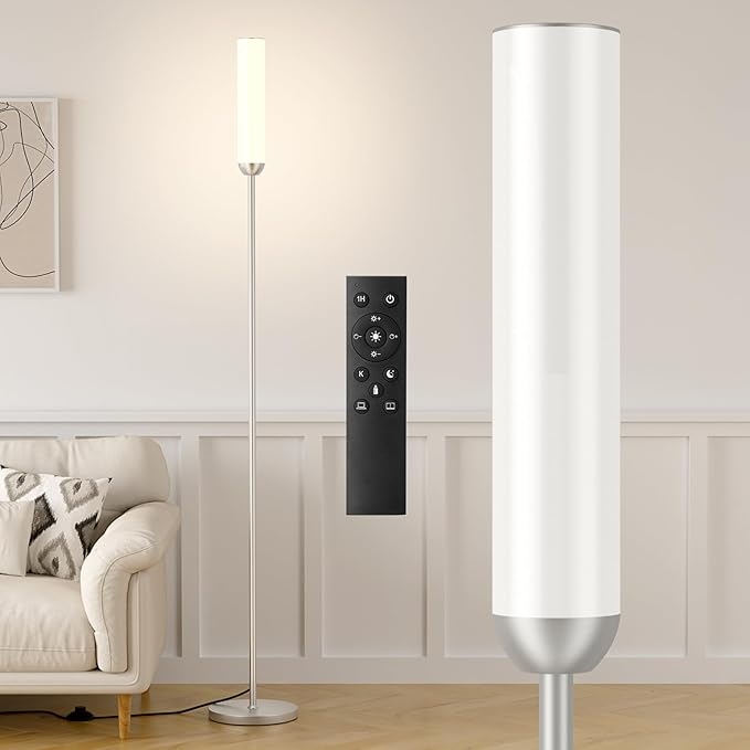 LED Floor Lamp with Remote Control, 65" Standing lamp with Stepless Adjustable 3000K-6500K Colors & 5%-100% Brightness, Foot Switch(Silver) - Bloomnest