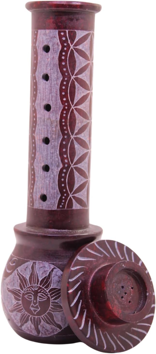 Marble Handmade Soapstone Red Incense Stick Holder | Candle Burner | Tea Light Holder - Round Jaali Carving for Gifting. Decorative Home and Office Decor - (2.5 x 2.5 x 10 Inches)