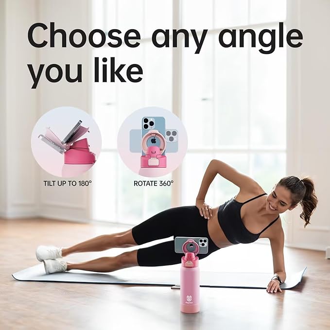 Insulated Magnetic Water Bottle - Reusable Stainless Steel Bottle with MagSafe Compatible Phone Holder - Keeps Cold for 24 Hours - Perfect for Gym, Sports, and Travel - Pink 24oz Magcheer