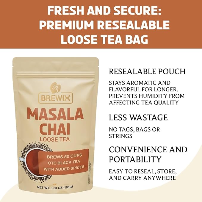 BREWIX, Masala Chai Tea Loose Leaf CTC TEA (50+ Cups, 3.53oz/100g) Strong Robust & Aromatic, All Natural | Blended with Exotic Spices | Ginger, Cinnamon, Cardamom, Clove & Black Pepper - Bloomnest